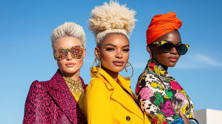 A Vibrant fashion campaign showcasing diverse skin tones and stylesの素材