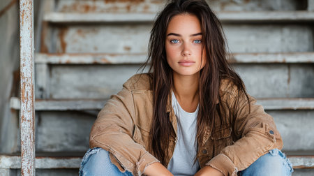 A young woman with long hair sits on stairs, exuding relaxed vibeの素材