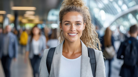 A Confident woman smiling in busy airport terminal, showcasing her style and poiseの素材