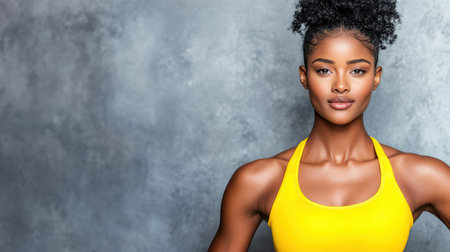 An Athletic woman in yellow sports bra with confident expressionの素材