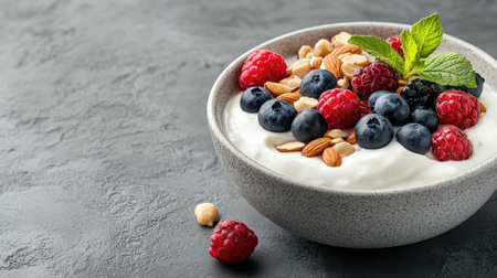 A bowl of fresh yogurt topped with mixed berries and nuts, perfect for healthy snackの素材