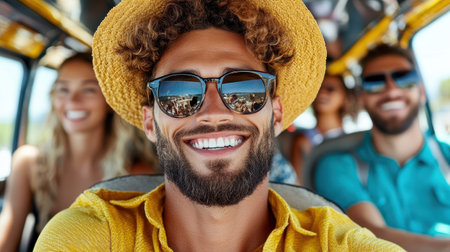 A group of friends enjoying fun taxi ride, smiling and exploring togetherの素材