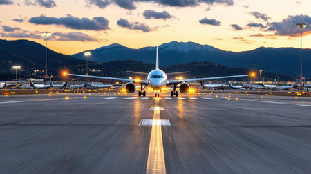 A stunning view of airplane on runway at sunset, surrounded by mountainsの素材