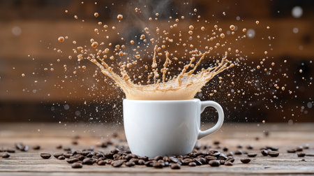 A high speed shot of coffee splashing into cup, creating dynamic sceneの素材
