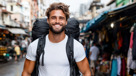 A happy traveler with backpack exploring vibrant market streetの素材