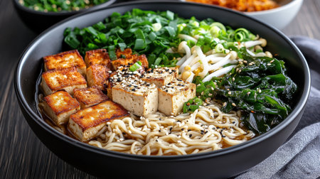A steaming bowl of vegan ramen with tofu, seaweed, and fresh vegetablesの素材