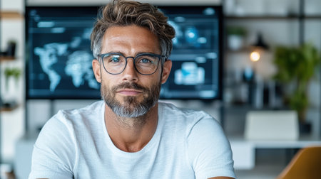 A confident entrepreneur in modern office setting, showcasing innovation and creativityの素材