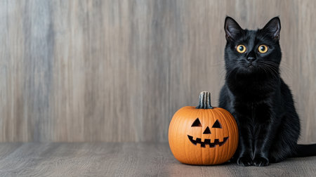 A black cat sitting beside Halloween pumpkin, creating spooky atmosphereの素材