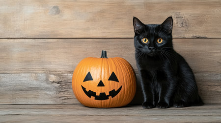 A black cat sitting beside Halloween pumpkin, creating spooky atmosphereの素材