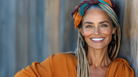 A confident woman with long hair wearing colorful headscarf smiles warmlyの素材