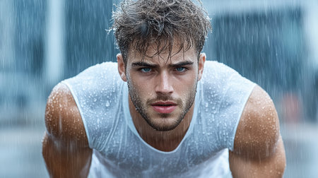 A determined athlete training in rain, showcasing resilience and focusの素材