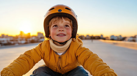 A child wearing helmet smiles while learning to ride bike at sunsetの素材