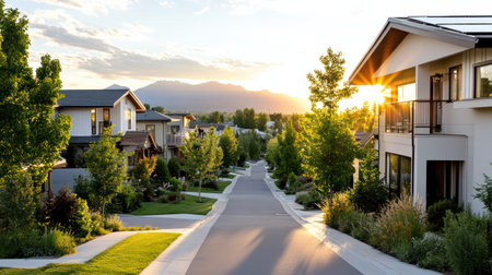 A serene neighborhood with modern homes and sunset viewsの素材