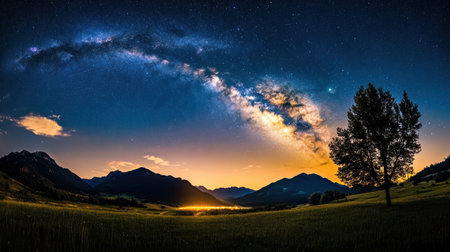 A stunning view of Milky Way arching over serene landscape at duskの素材