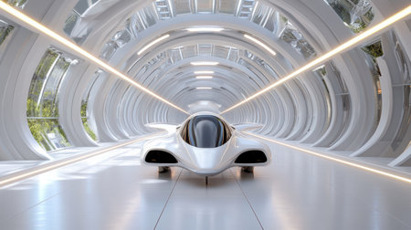 A Futuristic vehicle in sleek, modern corridor with bright lightingの素材