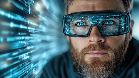 An Immersed in digital world, gamer wears futuristic glasses, focusedの素材