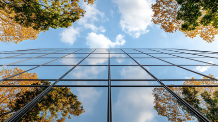 A modern glass building reflecting trees and sky in serene settingの素材