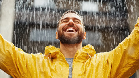 A man in yellow raincoat joyfully embraces rain, smiling brightlyの素材