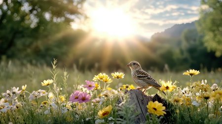 A bird perched on log surrounded by colorful flowers at sunriseの素材