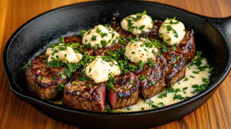 A Sizzling steak with garlic butter in cast iron skillet, garnished with herbsの素材