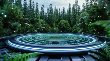 Futuristic circular platform surrounded by lush greenery and tall trees, illuminated by glowingの素材