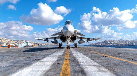 Fighter jet on with missiles, clear sky, city in background, military aircraftの素材