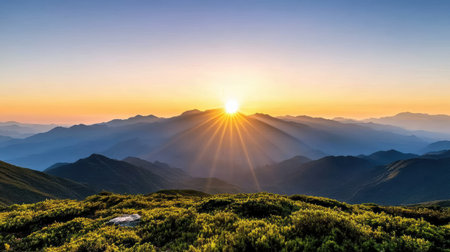 Majestic mountains sunrise with vibrant rays illuminating landscape, creating serene atmosphereの素材
