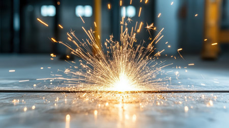 Sparks flying from high powered laser in dark room create dramatic visual effectの素材