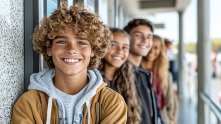 Smiling teens waiting in line at movie theater, showcasing excitement and friendshipの素材