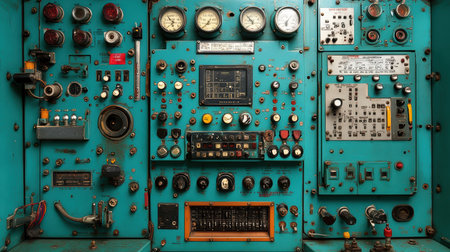 Old control panel with various gauges, buttons, and switches, showcasing vintage technologyの素材