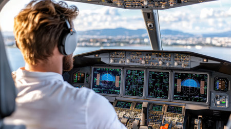 Pilot in cockpit with advanced instruments and displays, focused on flyingの素材