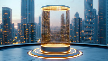 Futuristic holographic display stands urban skyline, showcasing advanced technologyの素材