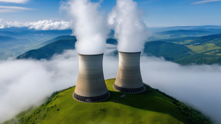 Massive concrete cooling towers surrounded by fog and mountains create striking landscapeの素材
