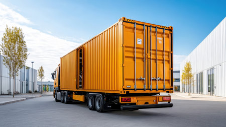 Bright orange shipping containers loaded onto truck industrial area, showcasing modern logisticsの素材