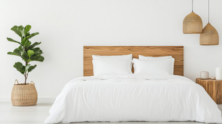 Freshly made bed in bright minimal bedroom with natural decor and soft lightingの素材