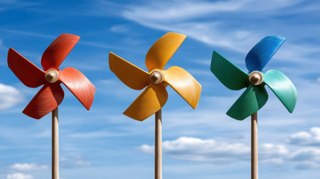 Colorful pinwheels spinning in wind create joyful scene against blue skyの素材