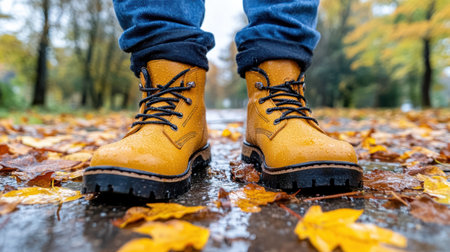 Waterproof boots on wet autumn leaves create vibrant scene of nature beautyの素材