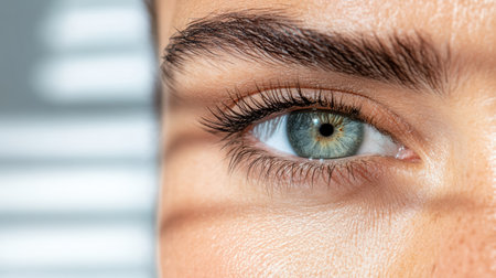 Close up of eye showcasing detailed eyelashes and vibrant iris colors, illuminated by naturalの素材