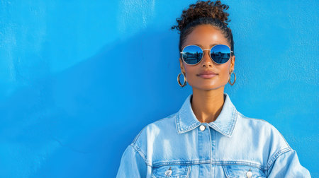 Stylish woman wearing sunglasses and denim jacket against vibrant blue wall, exuding confidenceの素材