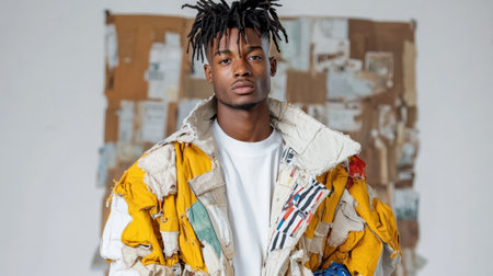 Recycled fashion jacket made from tarp and canvas, showcasing unique style and creativityの素材