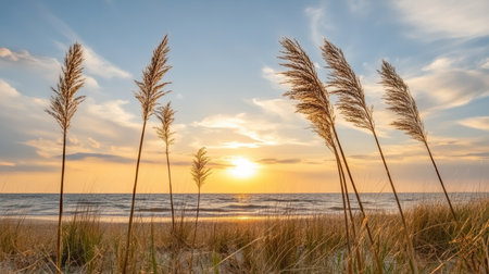 Golden sunset over ocean with tall grass swaying gently in foregroundの素材