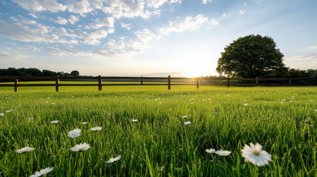 Lush green field with daisies and wooden fence bright sky sunset, creating serene atmosphereの素材