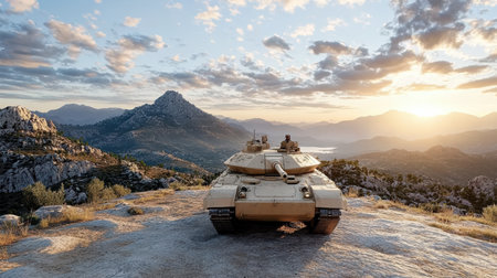 Modern tank rolling over rocky hilltop at sunrise, showcasing breathtaking landscapeの素材