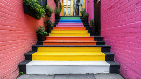 Colorful staircase alleyway with vibrant rainbow tones and potted plants, creating cheerfulの素材