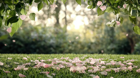 Gentle petals falling on lush grass create serene atmosphere in evening lightの素材