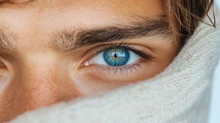 Captivating blue eye peeking through soft fabric, showcasing unique beauty and detailの素材