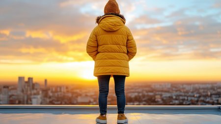Person standing on rooftop, wearing yellow jacket, admires beautiful sunsetの素材