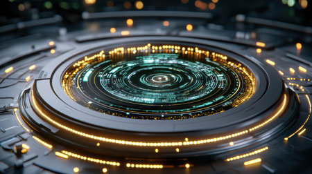 Futuristic control panel with glowing circular interface and intricate details, showcasingの素材