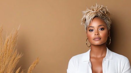 Stylish portrait of woman with short, textured hair against neutral background, exudingの素材