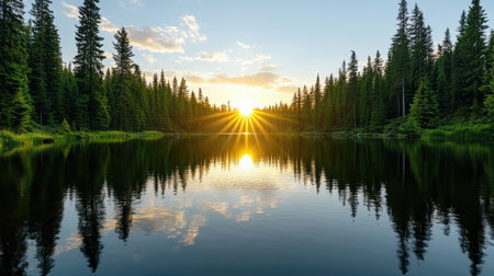 Sunset reflecting off tranquil lake surrounded by tall trees creates serene atmosphereの素材